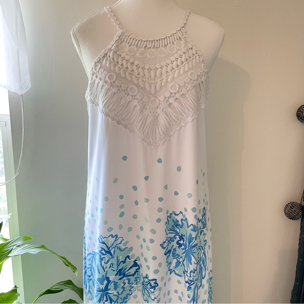 Lilly Pulitzer Pearl Halter Maxi Dress Resort White Karma Camellia Blue 4 - Picture 9 of 16